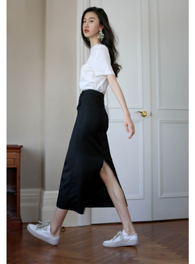 无有无印黑色显瘦醋酸时髦开叉小黑裙百搭半身裙23097