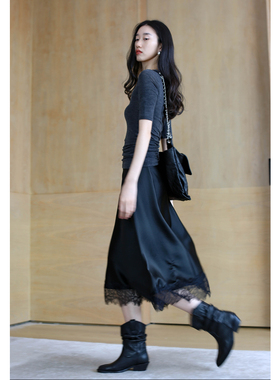 无有无印黑色时髦亮面醋酸拼接蕾丝花边不规则显瘦半身裙23281