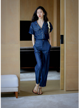 无有无印夏季短袖显瘦薄款百搭蓝色牛仔衬衫抗皱衬衣21075