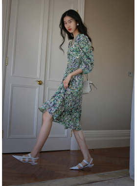 无有无印轻奢真丝艺术印花气质显瘦鱼尾修身收腰长裙连衣裙22015