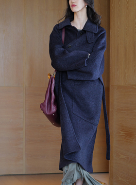 无有无印蓝色骆驼绒真丝羊毛长款polo领腰带双面尼大衣外套M25160