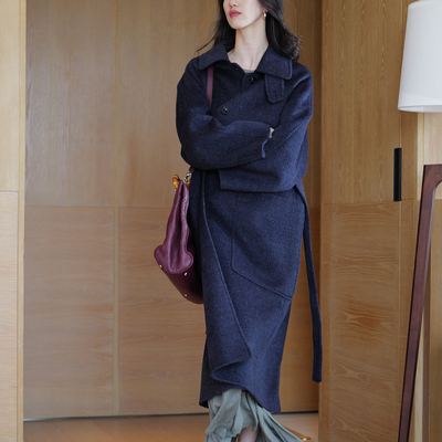 无有无印蓝色骆驼绒真丝羊毛长款polo领腰带双面尼大衣外套M25160