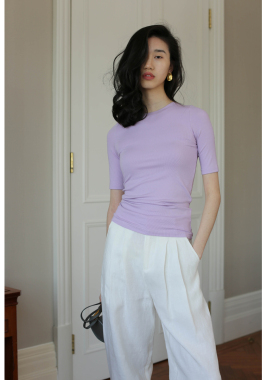 无有无印粉紫色五分袖圆领紧身针织衫T24076