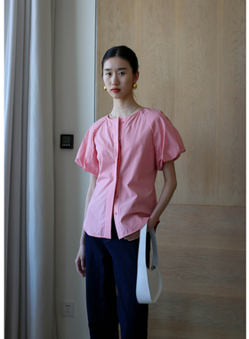 无有无印粉色圆领短袖泡泡袖百搭衬衫23235