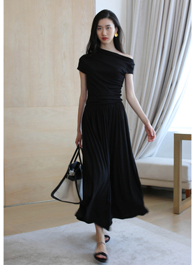 无有无印黑色修身显瘦针织长款舒适柔软短袖连衣裙23207