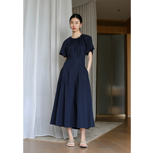 无有无印藏蓝色棉质舒适透气圆领短袖修身长款连衣裙25055