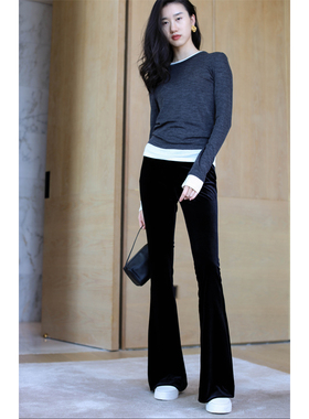 无有无印时髦深灰色撞色拼接圆领舒适打底百搭针织衫上衣24037