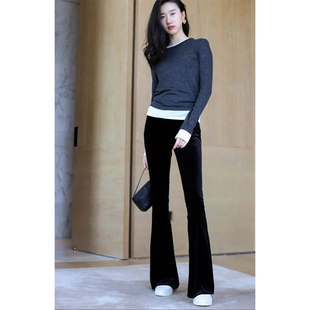 上衣24037 无有无印时髦深灰色撞色拼接圆领舒适打底百搭针织衫