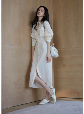 无有无印早秋过渡开叉宽松长袖中长款V领修身连衣裙23254