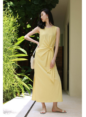无有无印黄色棉质针织舒适透气圆领无袖长款系腰带连衣裙24189