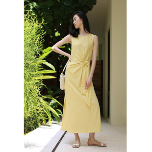 无有无印黄色棉质针织舒适透气圆领无袖长款系腰带连衣裙24189