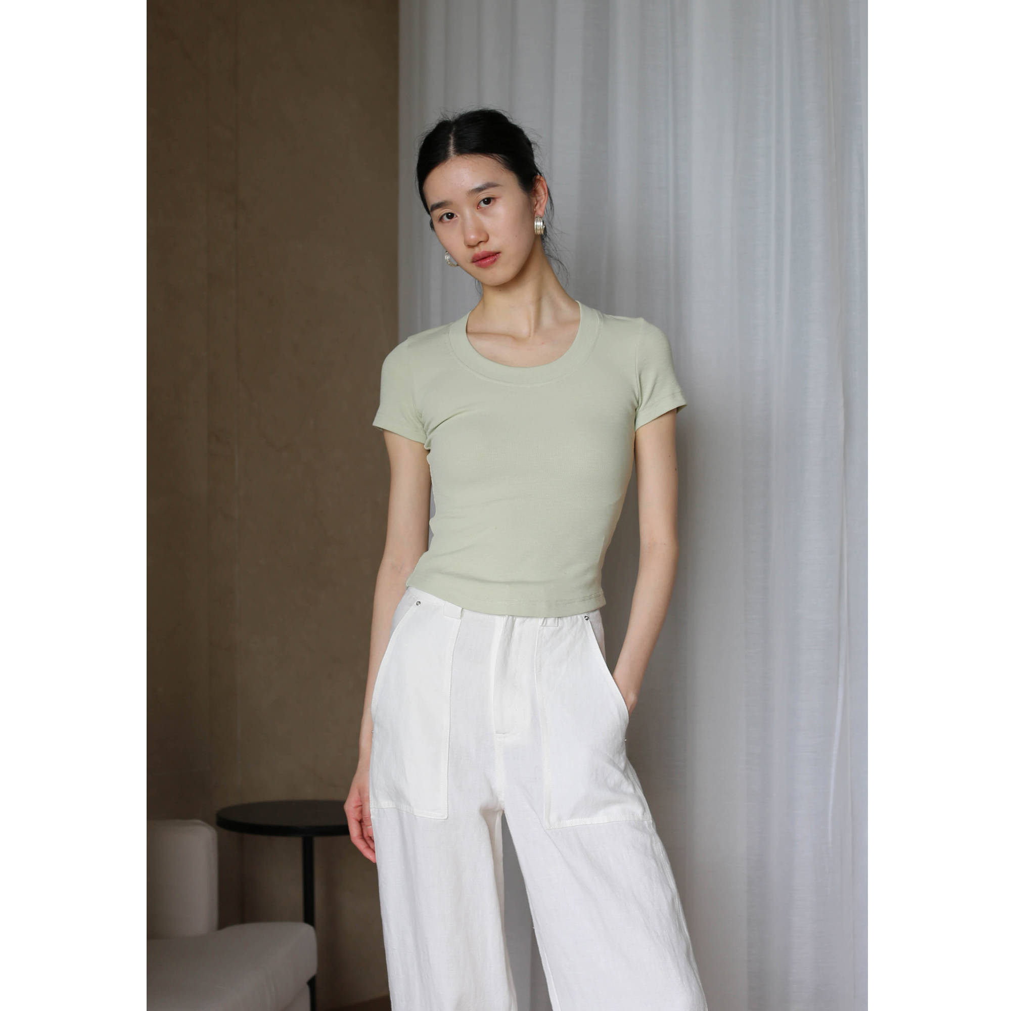 无有无印时髦灰绿色短袖修身显瘦短款T恤25064