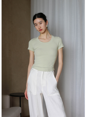 无有无印时髦灰绿色短袖修身显瘦短款T恤25064