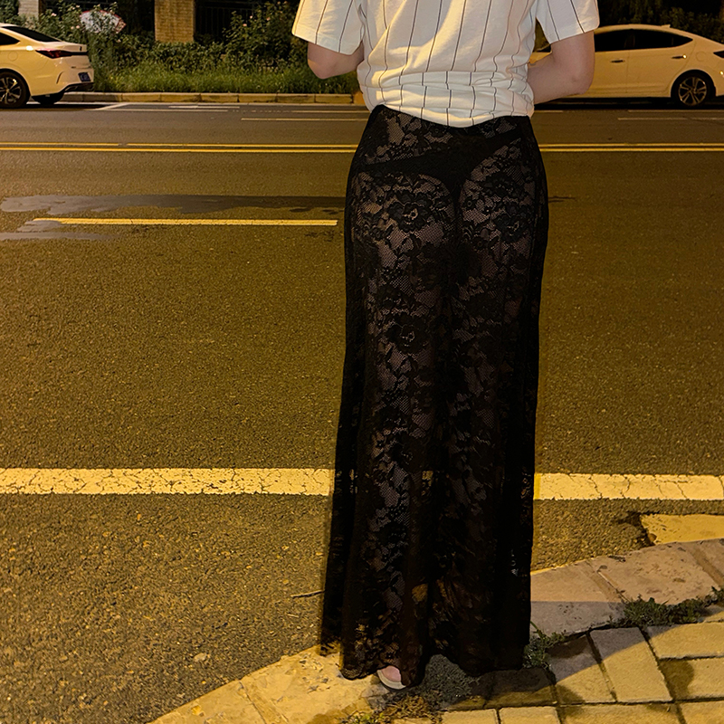 LianJie's 本阶版*透视蕾丝垂感a字半身裙性感薄款大码黑色长裙夏
