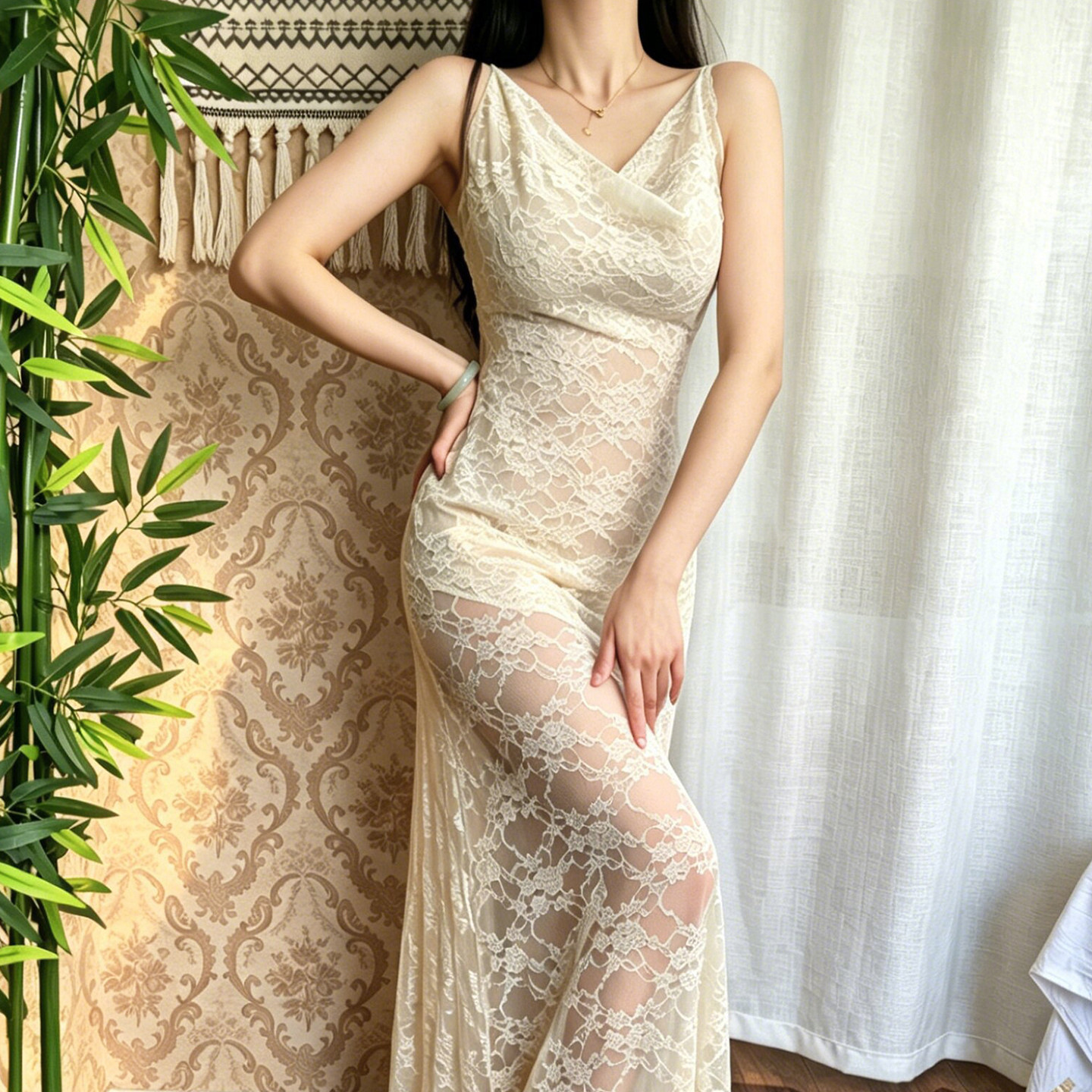 DaLian 高阶版*轻柔透感法式浪漫风蕾丝吊带连衣裙高个子气质长裙