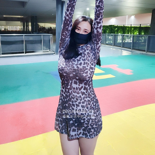 脸姐【细腻网纱】透感豹纹印花长袖连衣裙初秋胖MM大码轻熟风裙子