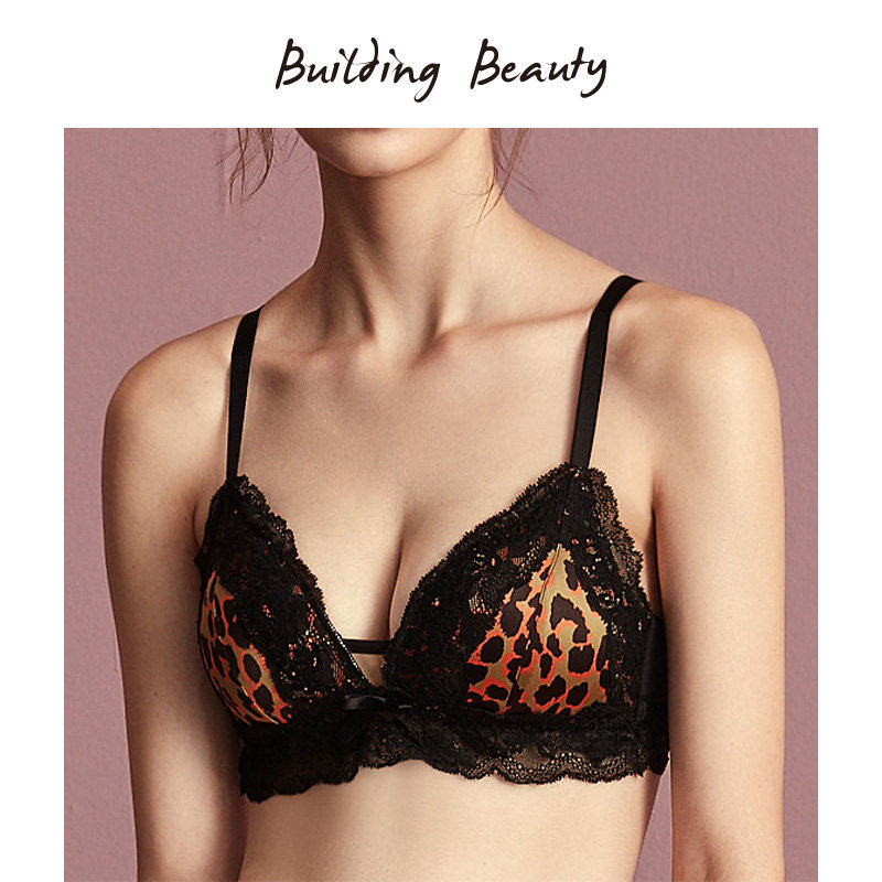 立美力新品豹纹无钢圈性感内衣真丝印花交叉绑带美胸集中聚拢文胸