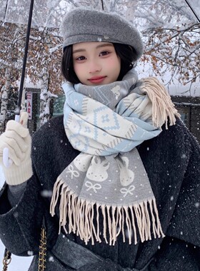 新款费尔岛保暖加长加厚围巾女学生可爱提花圣诞兔围脖流苏披肩