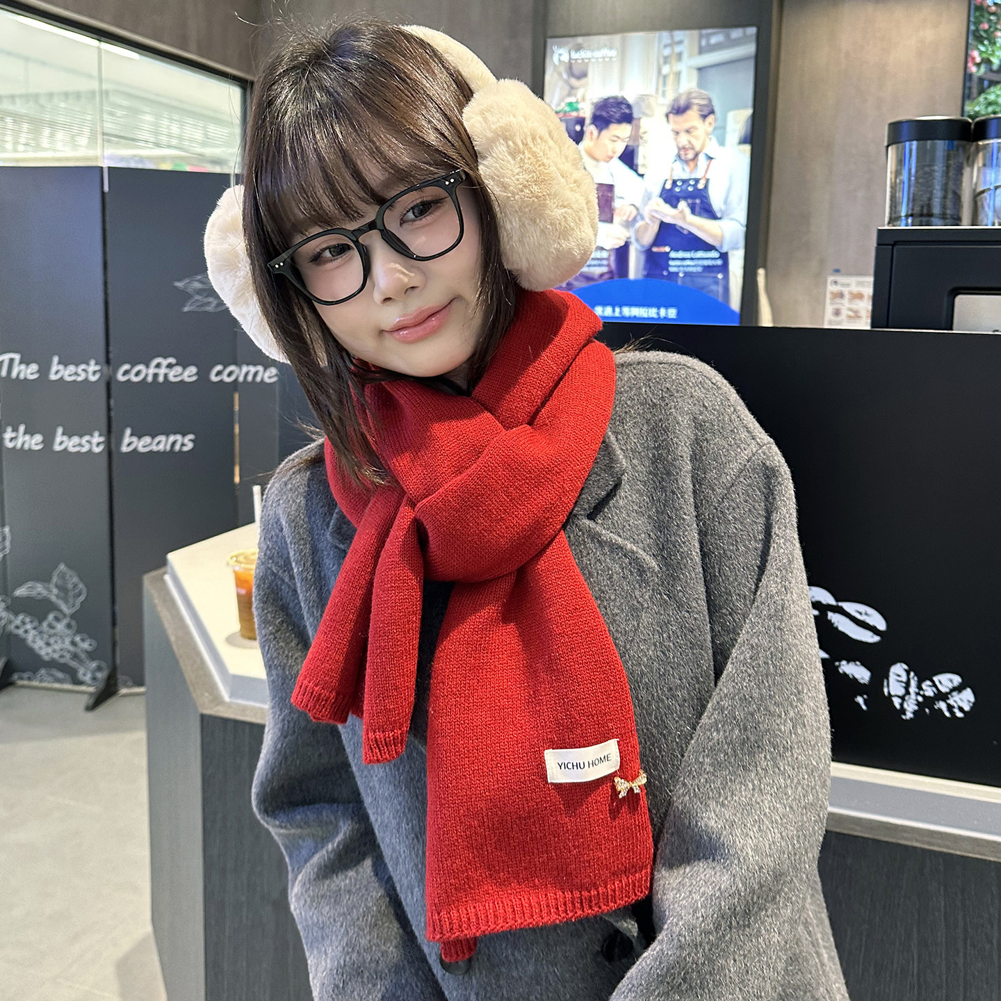 圣诞秋冬季新款潮韩版红色针织新年围巾学生气氛感胸针软弱小围巾