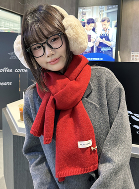 圣诞秋冬季新款潮韩版红色针织新年围巾学生气氛感胸针软弱小围巾