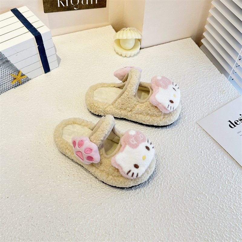 女童可爱凯蒂猫毛毛拖鞋2025秋冬新款亲子保暖居家平底防滑棉拖鞋