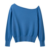 蓝色不规则斜肩毛衣女2024初早秋新款 上衣 针织衫 韩系chic短款 长袖