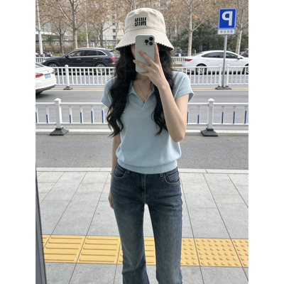 蓝色小飞袖polo领针织短袖t恤女