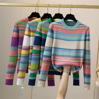 彩虹条纹针织衫女打底