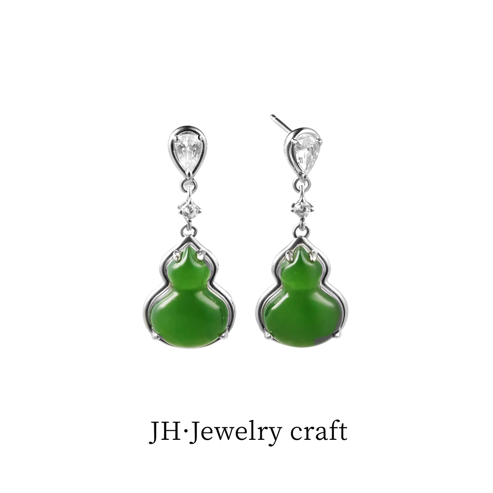 Jonny.“翠禄银坠”S925银镶嵌和田碧玉葫芦耳钉