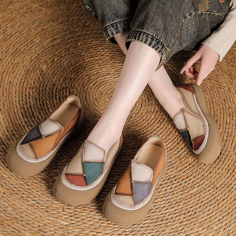 女鞋春夏不累脚软底中年妈妈休闲薄款真皮百搭一脚蹬复古乞丐单鞋