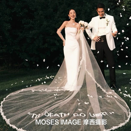 帝凡饰品长款蕾丝花边高透白色字母头纱新娘结婚影楼拍照造型配饰