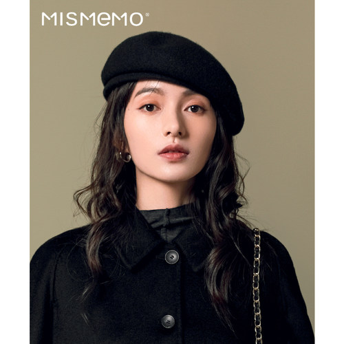 MISMEMO黑色羊毛贝雷帽女秋冬复古气质短檐画家帽显脸小蓓蕾帽子