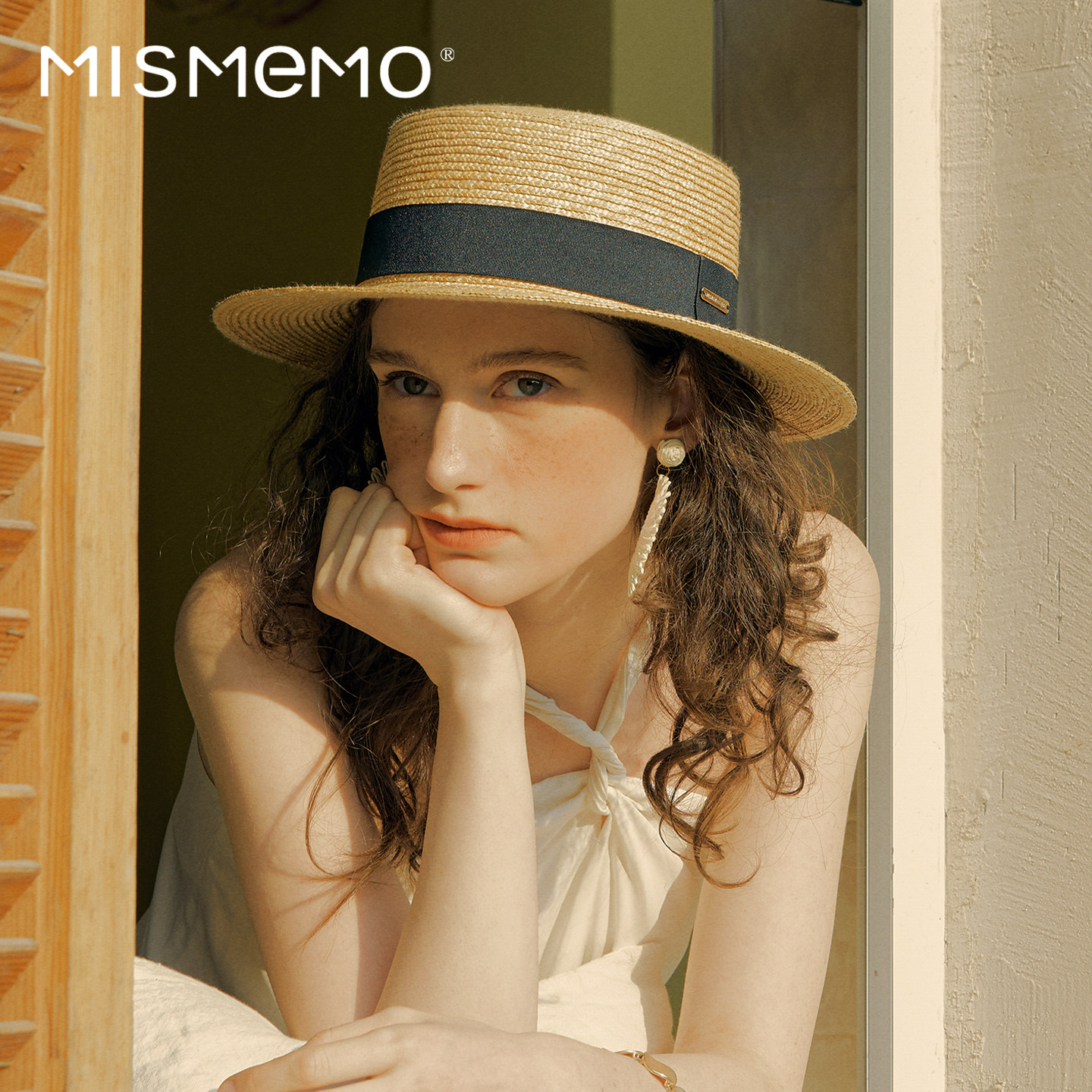 MISMEM平顶草帽女夏天海边度假麦秆平沿礼帽日系时尚防晒遮阳帽子
