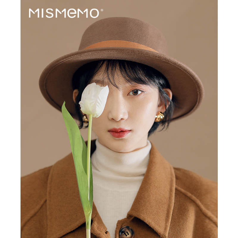MISMEMO羊毛呢礼帽女秋冬法式复古平沿帽高级感时尚百搭平顶毡帽