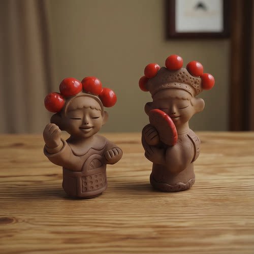 复古手工泥塑人物摆件一对