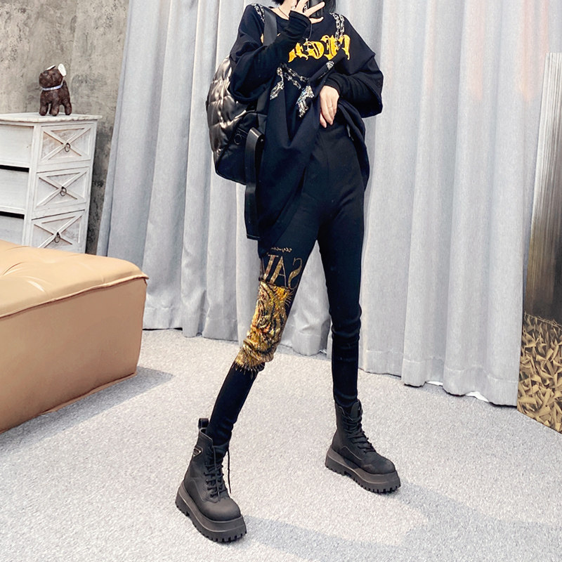 欧洲站重工烫钻打底裤女外穿加绒纯棉弹力裤2025秋冬季高腰小脚裤,女装/女士精品,打底裤,淘宝优惠券,粉丝福利购,淘宝优惠卷