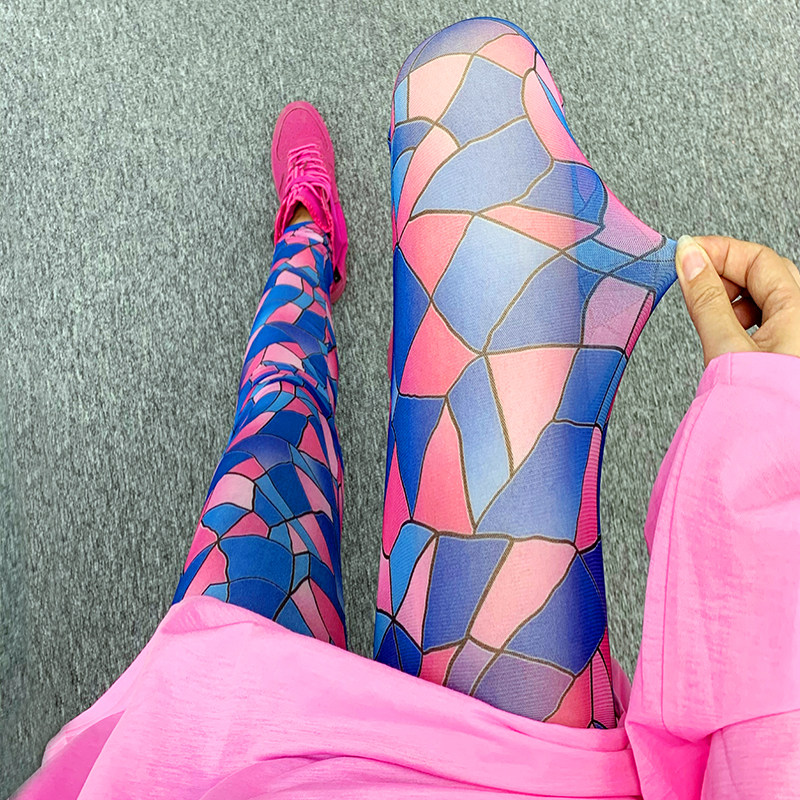 彩色网纱打底裤女外穿2025年夏季薄款印花弹力高腰显瘦印花九分裤