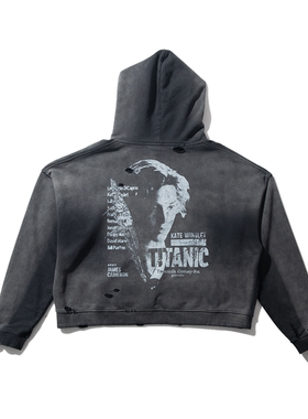 WENFENG LI 380克做旧美式复古rose人像印花短宽BOXY连帽卫衣帽衫