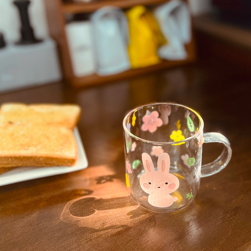 可爱卡通兔子少女玻璃杯高硼硅耐热水杯牛奶咖啡杯可加热手把杯