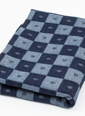 蓝色文艺棋盘格子提花牛仔布料纯棉高档加厚水洗diy手工服装面料