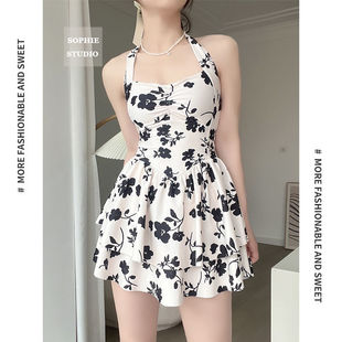 泳衣女连体性感显瘦遮肚系带挂脖连衣裙式泳装