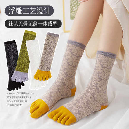 春夏薄款中筒浮雕复古五指棉袜女