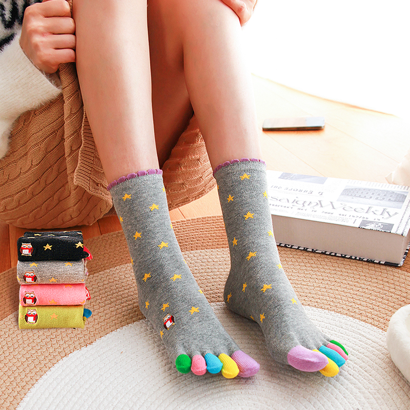 猫头鹰刺绣五指袜中筒纯棉女