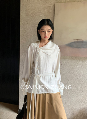 CZ ZHANG秋小清新花边翻领侧开衫衬衫女文艺复古休闲小衫 B33666