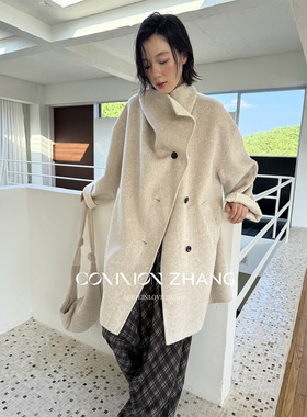 CZ ZHANG秋冬纯手工100%羊毛双面呢子大衣女大翻领毛呢外套