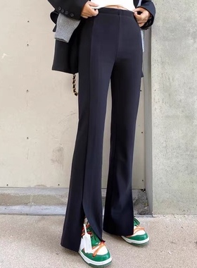 不退换黑色前开叉裤子女高腰显瘦直筒裤百搭垂感秋新款薄绒喇叭裤