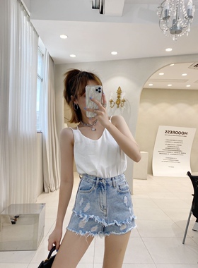 不退换浅蓝色牛仔短裤女夏破洞高腰a字设计感裙裤显瘦毛边热裤子