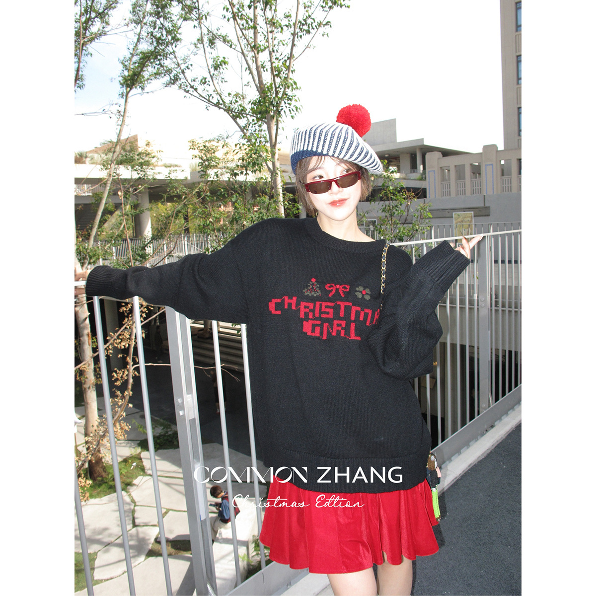 CZ ZHANG圣诞氛围感字母提花套头毛衣女秋冬甜美休闲针织衫B45315