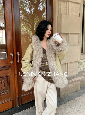 CZ ZHANG秋冬棉衣拼接环保仿皮毛一体名媛风宽松休闲外套女