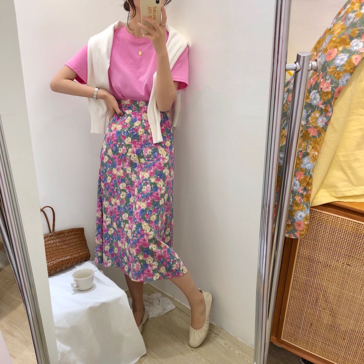 不退换新款印花半身裙中长款a字高腰纯色T恤女宽松圆领韩国东大门